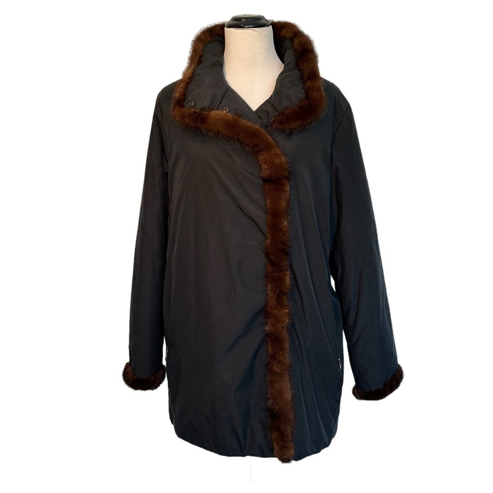Junge collection fur trimmed hip length black and brown jacket